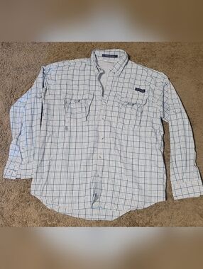 Columbia Men’s White Button-Down Shirt with Blue Windowpane Grid